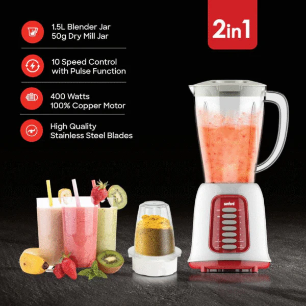 Sanford SF6820BR 2-in-1 Blender with Mill 400W 1.5L – Powerful Blender and Mill for Smoothies, Grinding, and Food Preparation - Image 2
