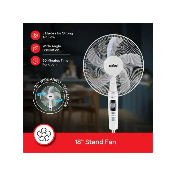 Sanford SF938SFN 18-Inch Stand Fan 60W 1300RPM – Powerful Adjustable height, multiple speeds, and quiet operation perfect for home or office cooling. - Image 3