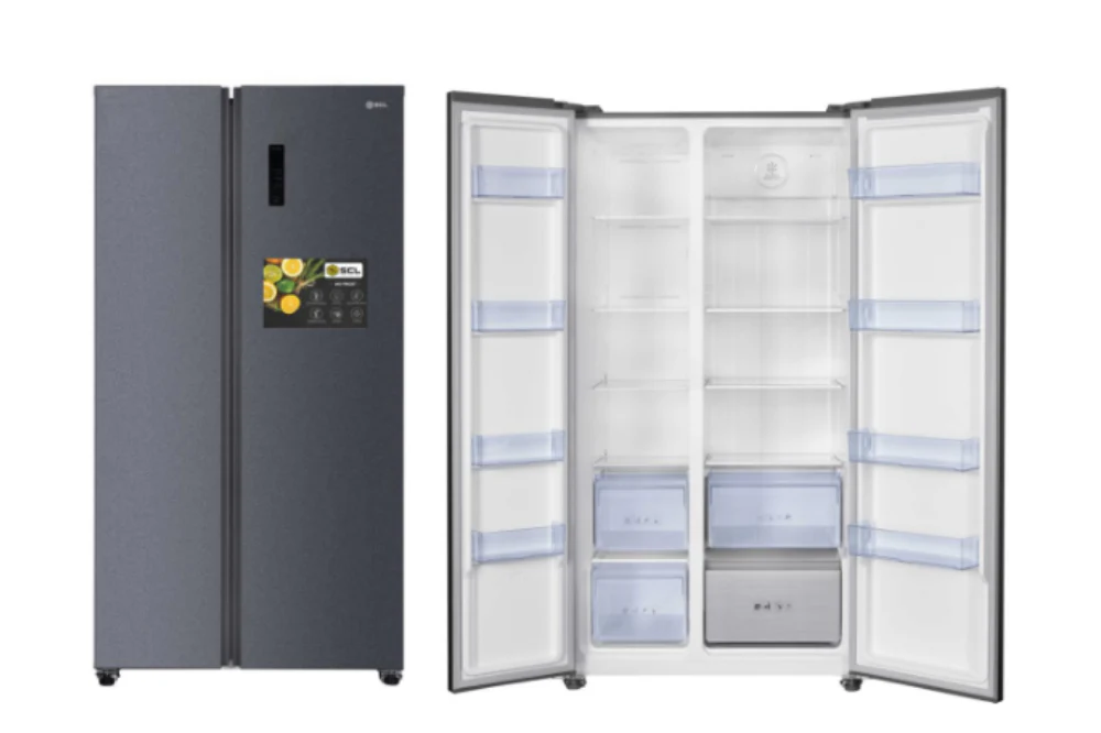 SCL 595L Side by Side Refrigerator SCL-SBS595ECPG – Energy-Efficient cooling, low-noise operation, adjustable shelves, and organized storage for fresh and frozen items.