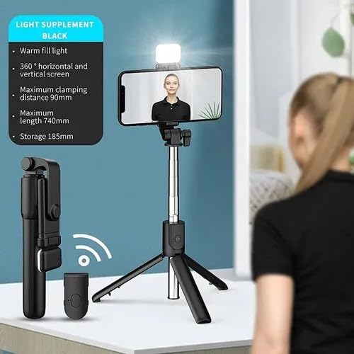 Selfie Stick R1S with Fill Light, All in One Portable Selfie Stick Tripod Phone Holder with Detachable Wireless Remote, Compatible with Android Smartphone & Lightweight - Image 2