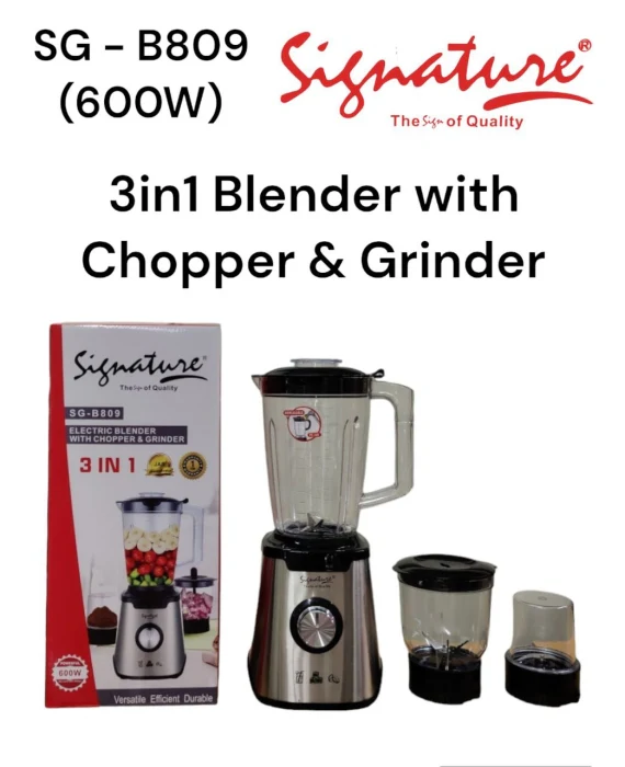 Signature SG-B809 3-in-1 Electric Blender with Chopper & Grinder – 600W Powerful Motor, Stainless Steel Blades, Durable Jars & Multi-Function Design - Image 3
