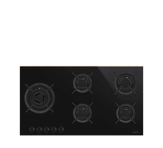SMEG PV695LCNR 90CM 5-Burner Gas Built-In Hob – Black Glass Surface with Wok Burner and Cast Iron Pan Supports, Durable and Stylish Built-In Gas Hob for Modern Kitchens