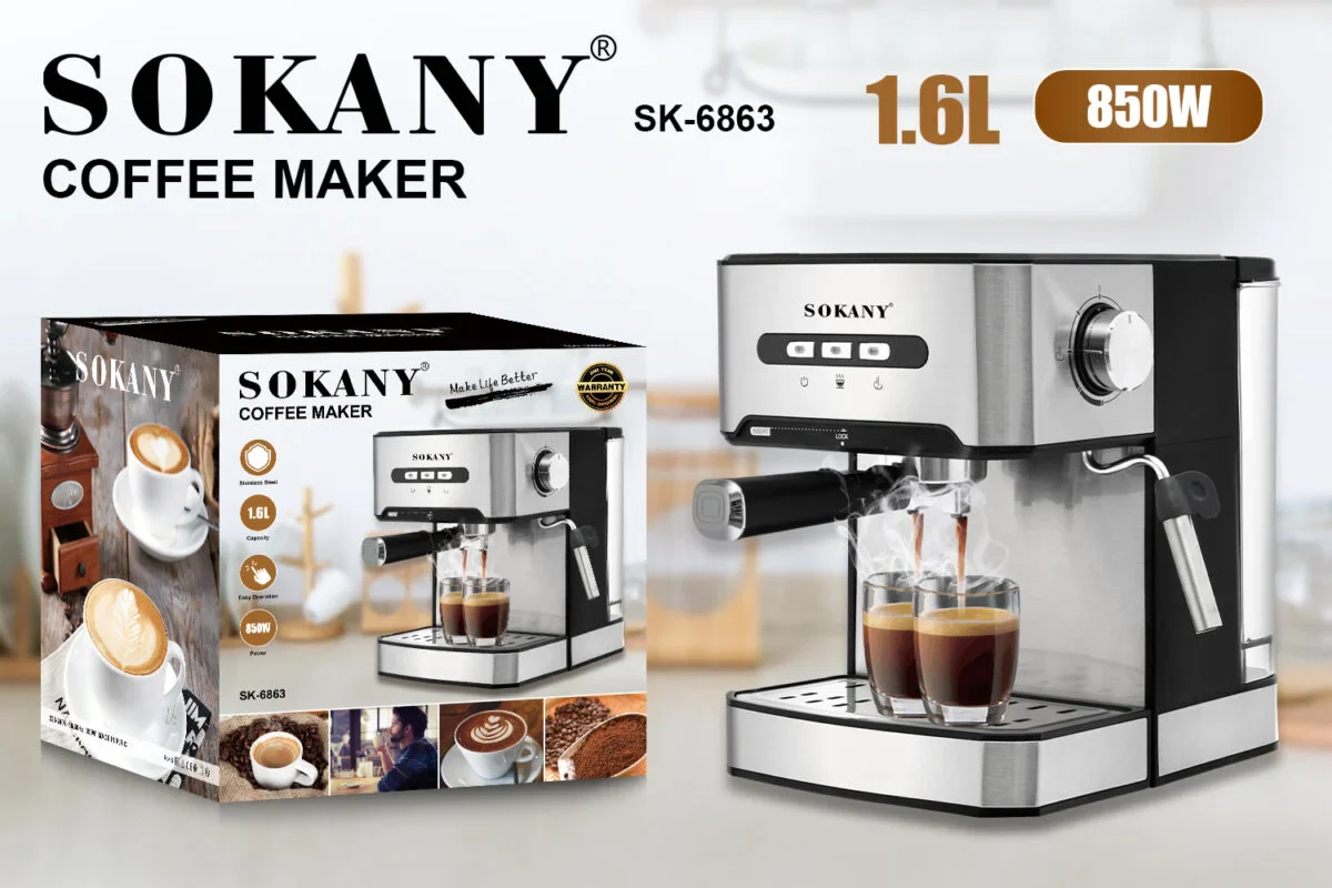 Sokany SK-6863 1.6L Espresso Coffee Maker Stainless Steel 850W Commercial Coffee Machine – Fast Brewing Cappuccino Latte Maker for Home & Office - Image 2