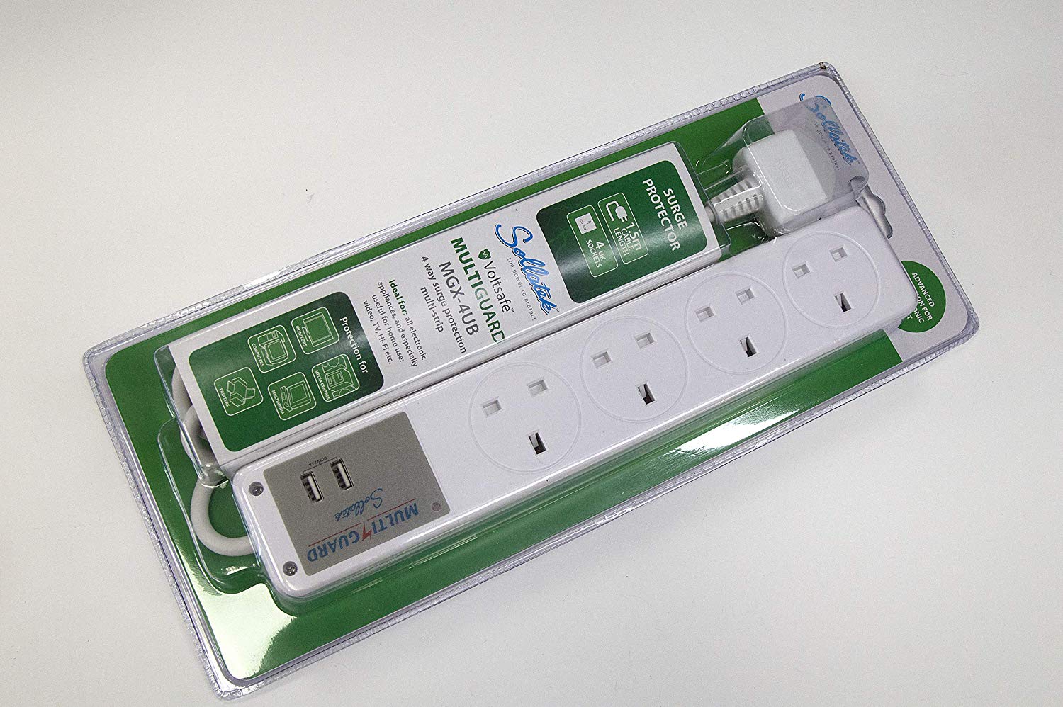 Voltsafe Multiguard MGX-4UB, Sollatek power strip with 4 UK sockets and 2 USB fast charging 2.1A - Image 3