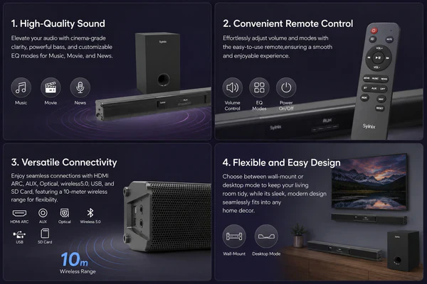 Synix SYN-S60 2.1ch Soundbar Speaker – Delivers immersive sound for enhanced home entertainment and clear audio experience for movies, music, and TV use - Image 2