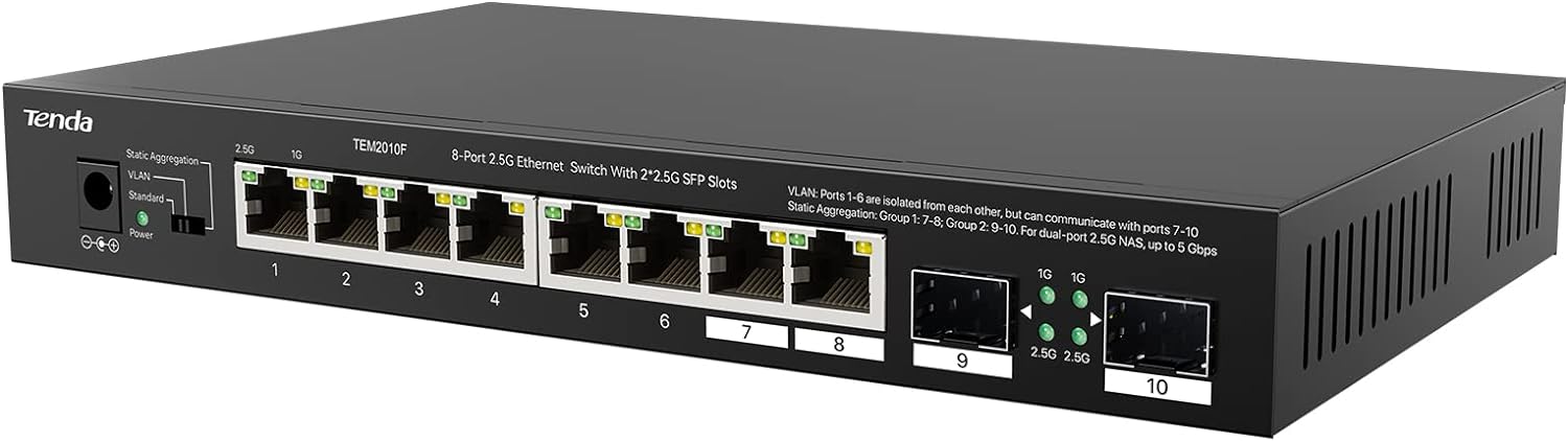 Tenda TEM2010F, 8 Port 2.5G Ethernet Switch - Support NAS 5G Transmission, Unmanaged 2.5G Switch with 8 x 2.5G Ports, 2 x 2.5G SFP Slots, 50Gbps Switching Capacity, Fanless, Limited Lifetime Protection - Image 3