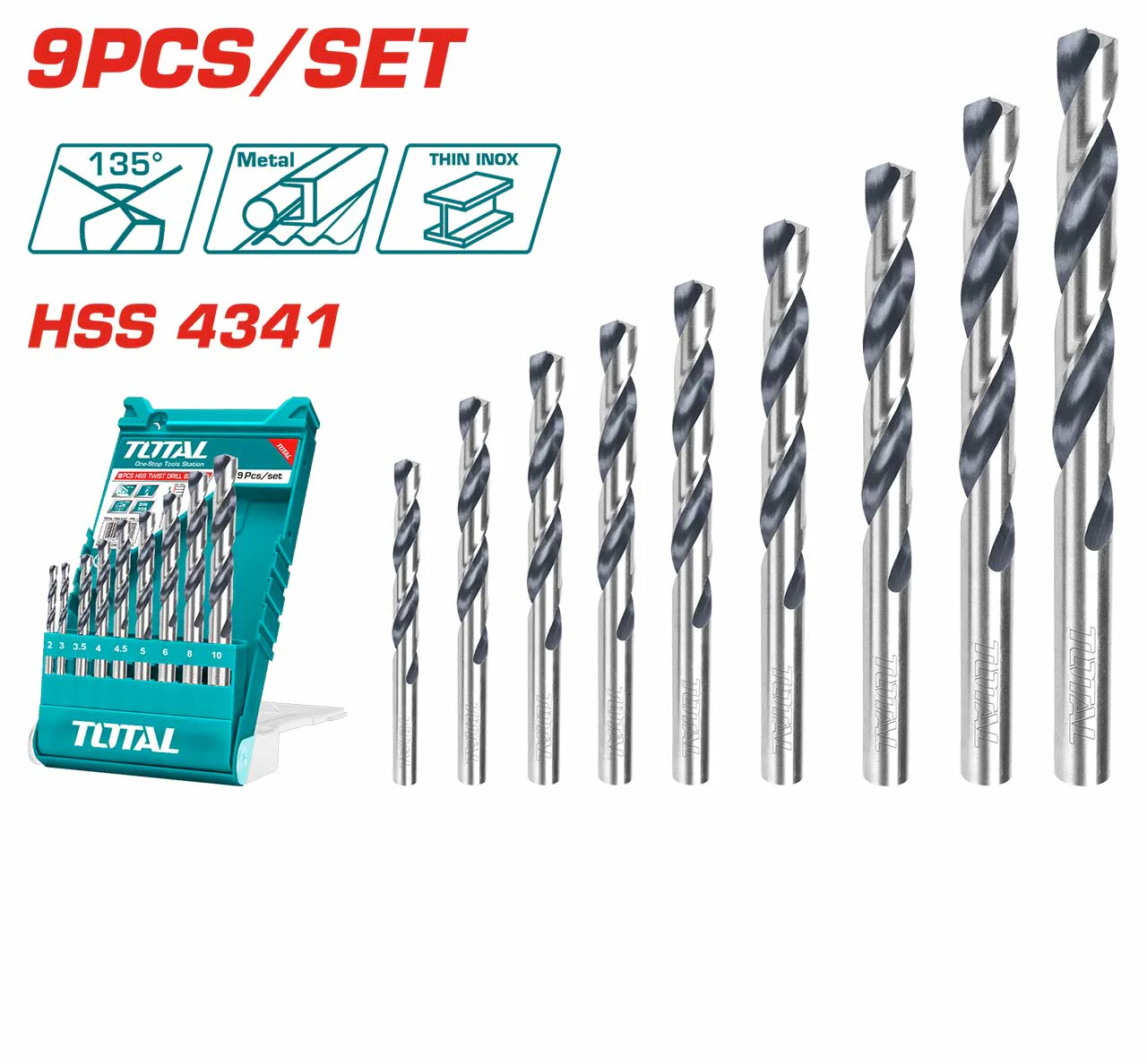 Total TACSD0095  9PCS HSS twist drill bits set
