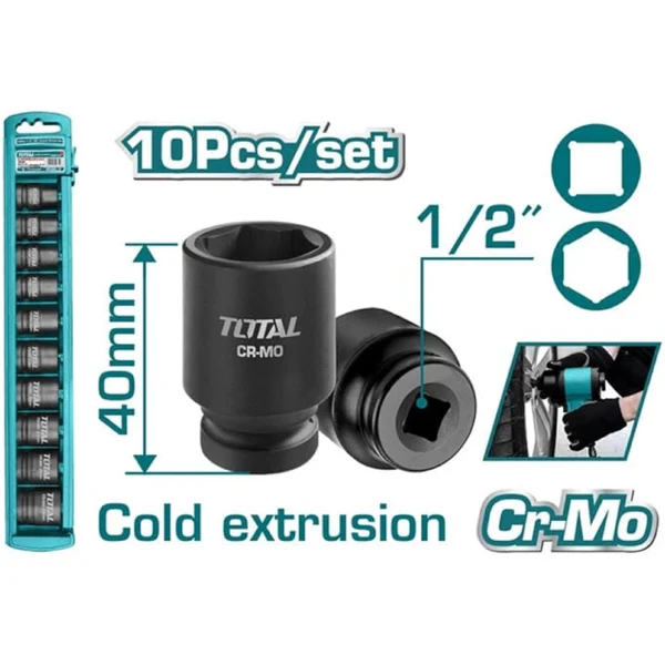 Total THISTD12101 10-Piece 1/2" Impact Socket Set – Chrome Vanadium Steel, Ratchet & Extension Included, Durable Mechanics Tool Kit - Image 2