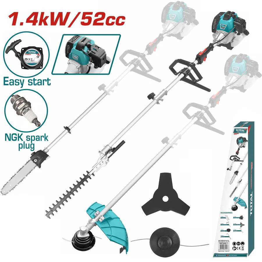 Total TMT55211 Multi-tools 52cc 1.4Kw (2.2HP) - Grass trimmer, Bush Cutter, Hedge trimmer and Chain Saw