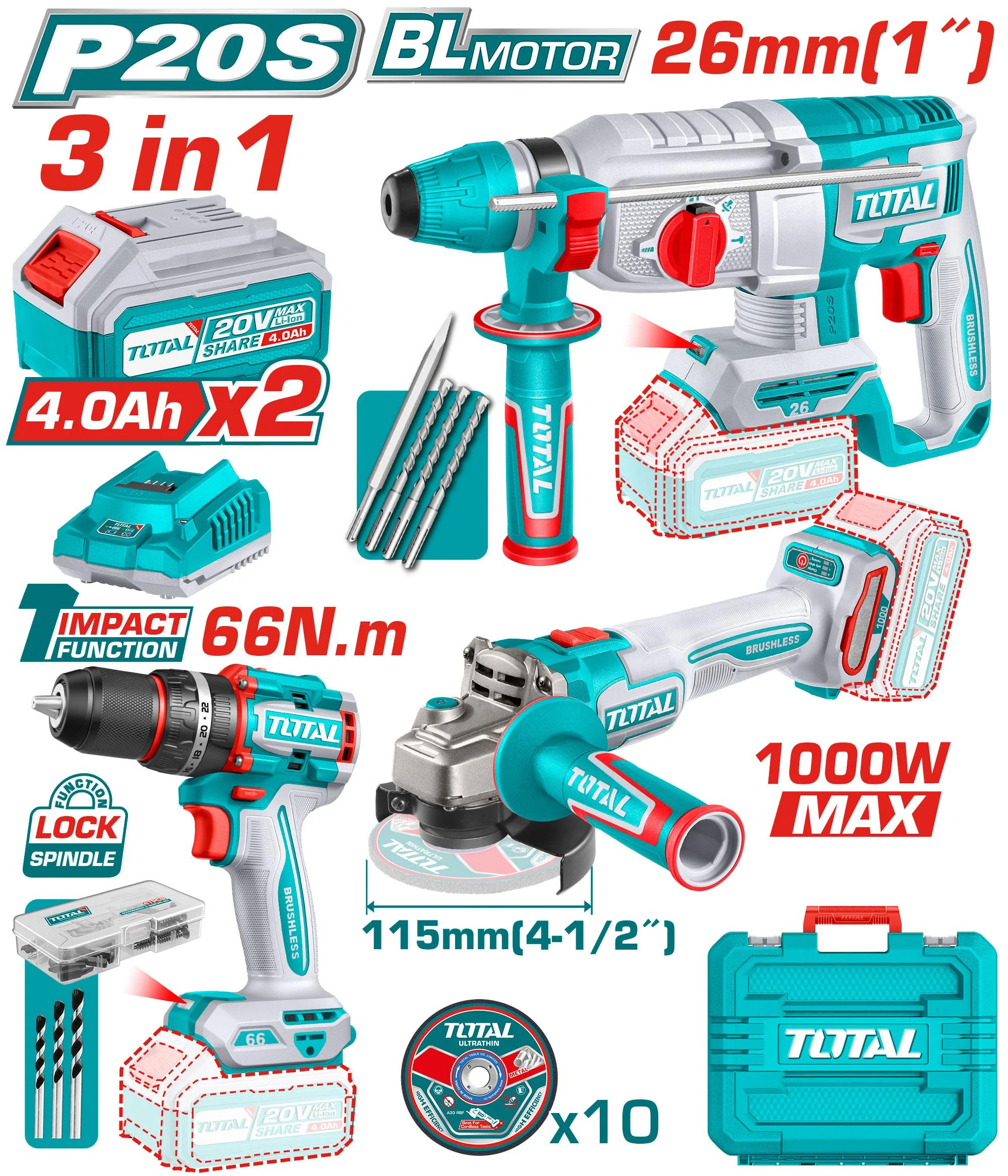Total TOSLI241198 Cordless 3-Piece Combo Kit – Rechargeable Power Tools Set for Home & Professional Use