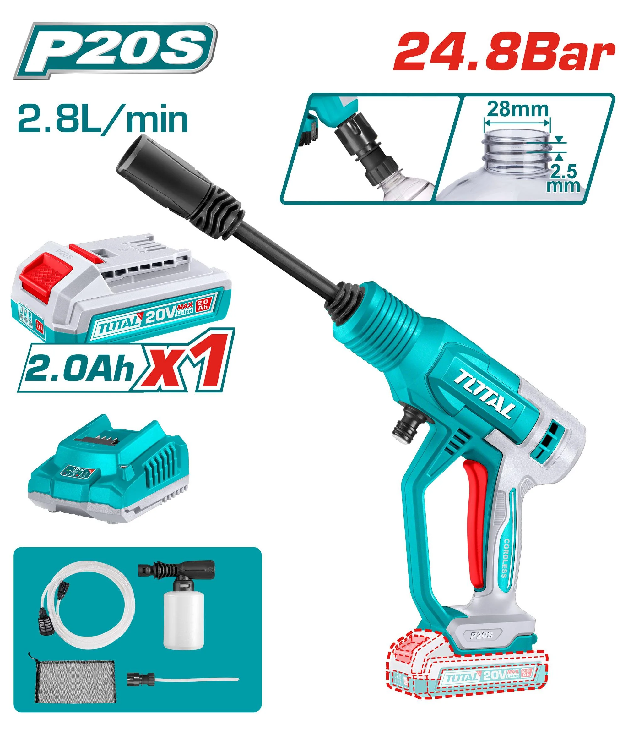 Total TPWLI20362 24.8Bar, 20V Cordless pressure washer