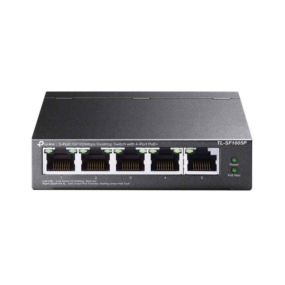 Tp-Link 5-Port 10/100Mbps Desktop Switch with 4-Port PoE+ (TL-SF1005P V2) - 4 PoE+ Ports @67W, Desktop, Plug & Play, Sturdy Metal with Shielded Ports, fanles, Extend & Priority Mode