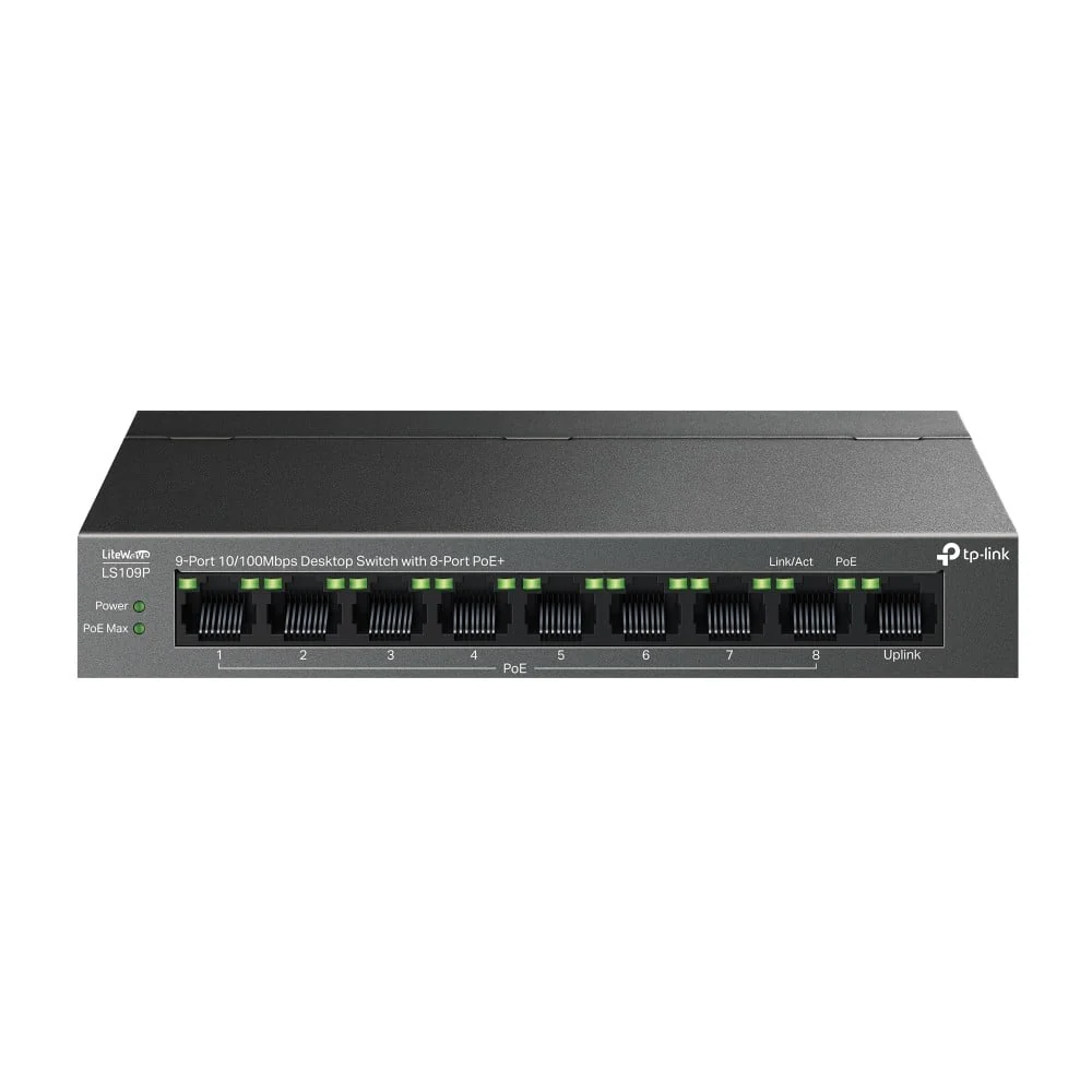 TP-Link TL-LS109P 9-Port 10/100Mbps Desktop Switch – 8-Port PoE+ (65W), CCTV Plug & Play Switch