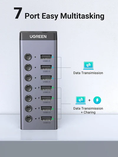 UGREEN CM481 USB-C to 7-Port USB-A 3.0 Hub with 12V DC EU Power Adapter UG-90307 – High-Speed 5Gbps Data Expansion for Laptop & PC - Image 3