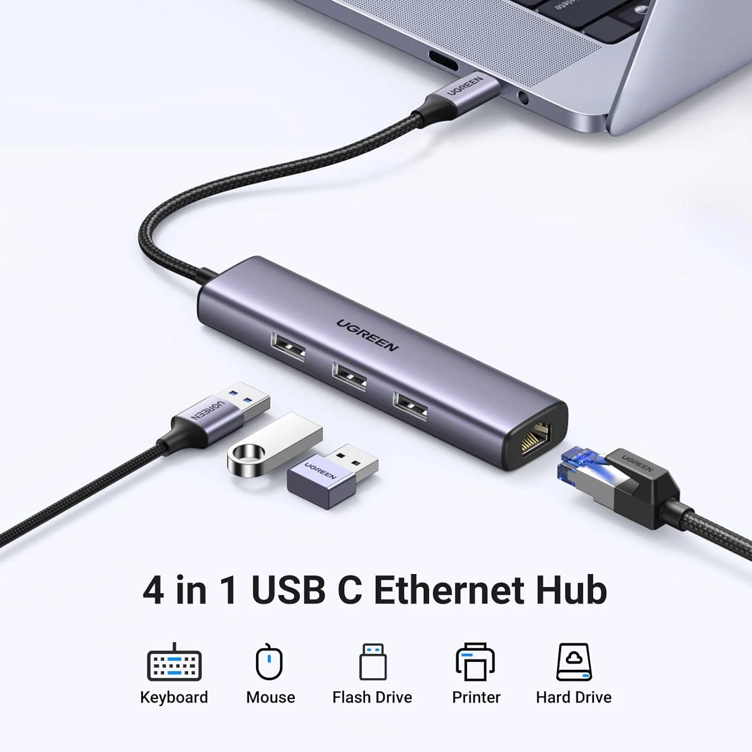UGREEN CM475 USB-C to RJ45 Gigabit Ethernet + 3-Port USB-A 3.0 Adapter UG-60600 – High-Speed Network & Multi-Device Connectivity - Image 2