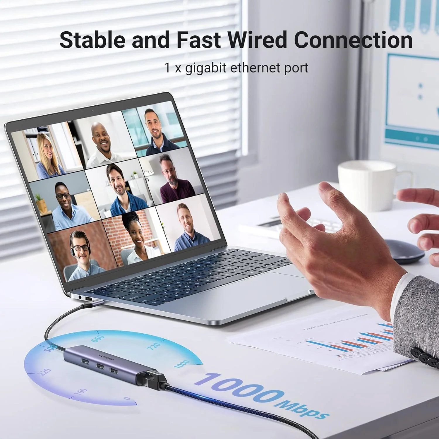 UGREEN CM475 USB-C to RJ45 Gigabit Ethernet + 3-Port USB-A 3.0 Adapter UG-60600 – High-Speed Network & Multi-Device Connectivity - Image 3