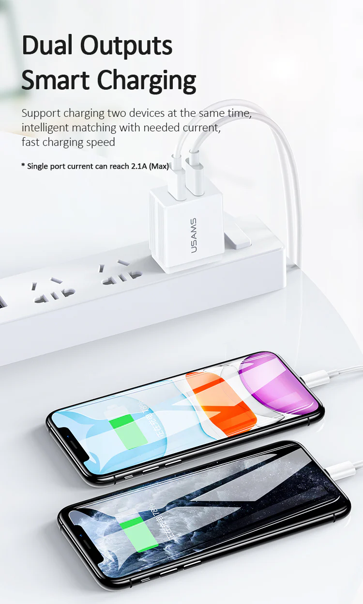 USAMS CC090 T24 2.1A Dual USB Travel Charger (EU) Plug Portable Cell Phone fast Wall Travel Charger Adapter (CC90TC01) - Image 2