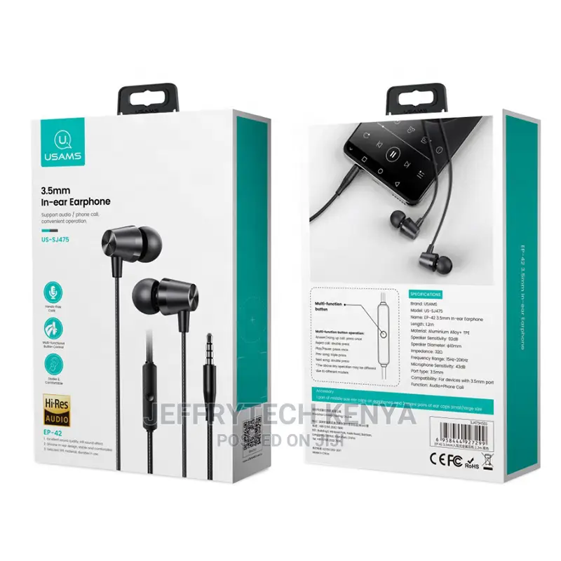 USAMS EP-42 Headset Electronics 3.5mm In-Ear Earphones 1.2m(SJ475HS01)