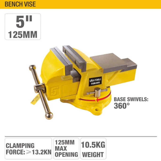 Uyustools TOB205 5'' Bench Vise – Heavy Duty Jaw, Swivel Base, Industrial Metalwork Clamp for Woodworking & DIY - Image 2