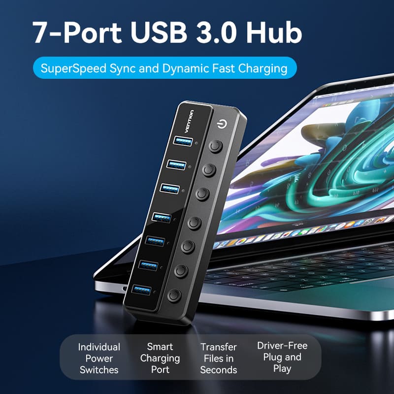 Vention CHXB0 USB B 3.0 to USB 3.0 x7 Hub with Individual Power Switches and DC 5.5mm Power Adapter - Image 2
