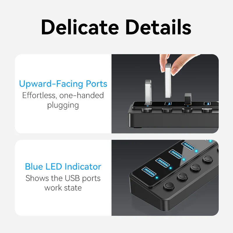 Vention CHXB0 USB B 3.0 to USB 3.0 x7 Hub with Individual Power Switches and DC 5.5mm Power Adapter - Image 5