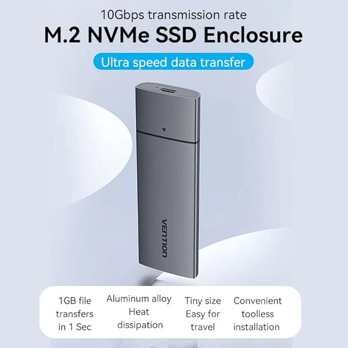 Vention KPGH0 M.2 NVMe SSD Enclosure (USB 3.1 Gen 2-C) Gray Aluminum Alloy – Professional Grade High-Speed External Storage Enclosure for M.2 NVMe SSDs, Data Backup, and Portable File Management for Home, Office, and Professional Use - Image 2