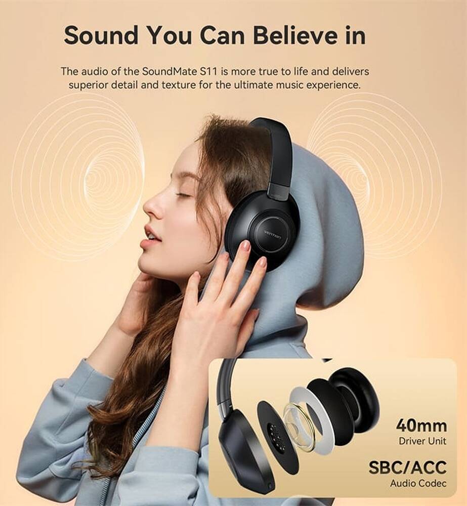 Vention SoundMate S11 Wireless On-Ear Headphones - 40mm Driver unit, Bluetooth 5.3 Connectivity, ABS Material, Adjustable Headband, 300mAh Battery Capacity (NBBB0) - Image 3