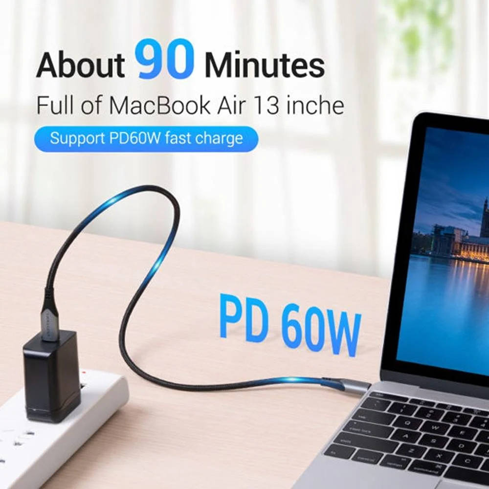 Vention TAAHF Cotton Braided USB-C to USB-C 3.1 Cable - 5Gbps Transmission Speed, 100W Super Fast Charging, 480Mbps Data Snyc, Durable and Flexible, Free Blind Insertion - Image 3