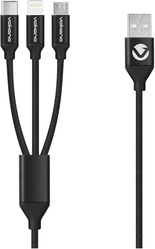 Volkano VK-20111-BK Weave Series Fabric Braided 3 In 1 Type-C/Lightning/Micro Cable