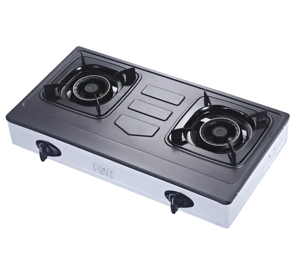 Von VCT2TRGY Table Top Dual Gas Burner – Durable Stainless Steel Gas Cooker